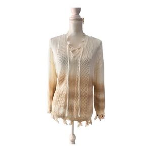 POL Women’s knit Brown Ivory distressed sweater size L NWOT  Hooded